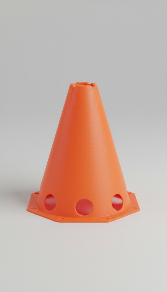 A straight-on, centered product shot of a durable soccer training cone on a plain, even illumination to showcase its...