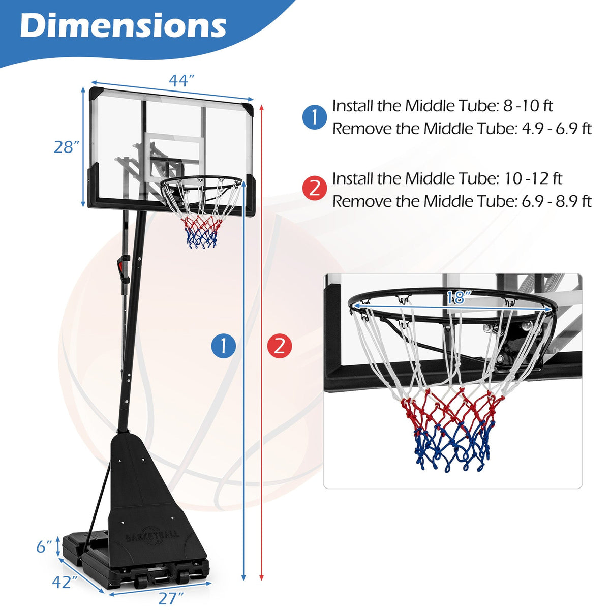 Portable Basketball Hoop, Adjustable 4.9–10 ft